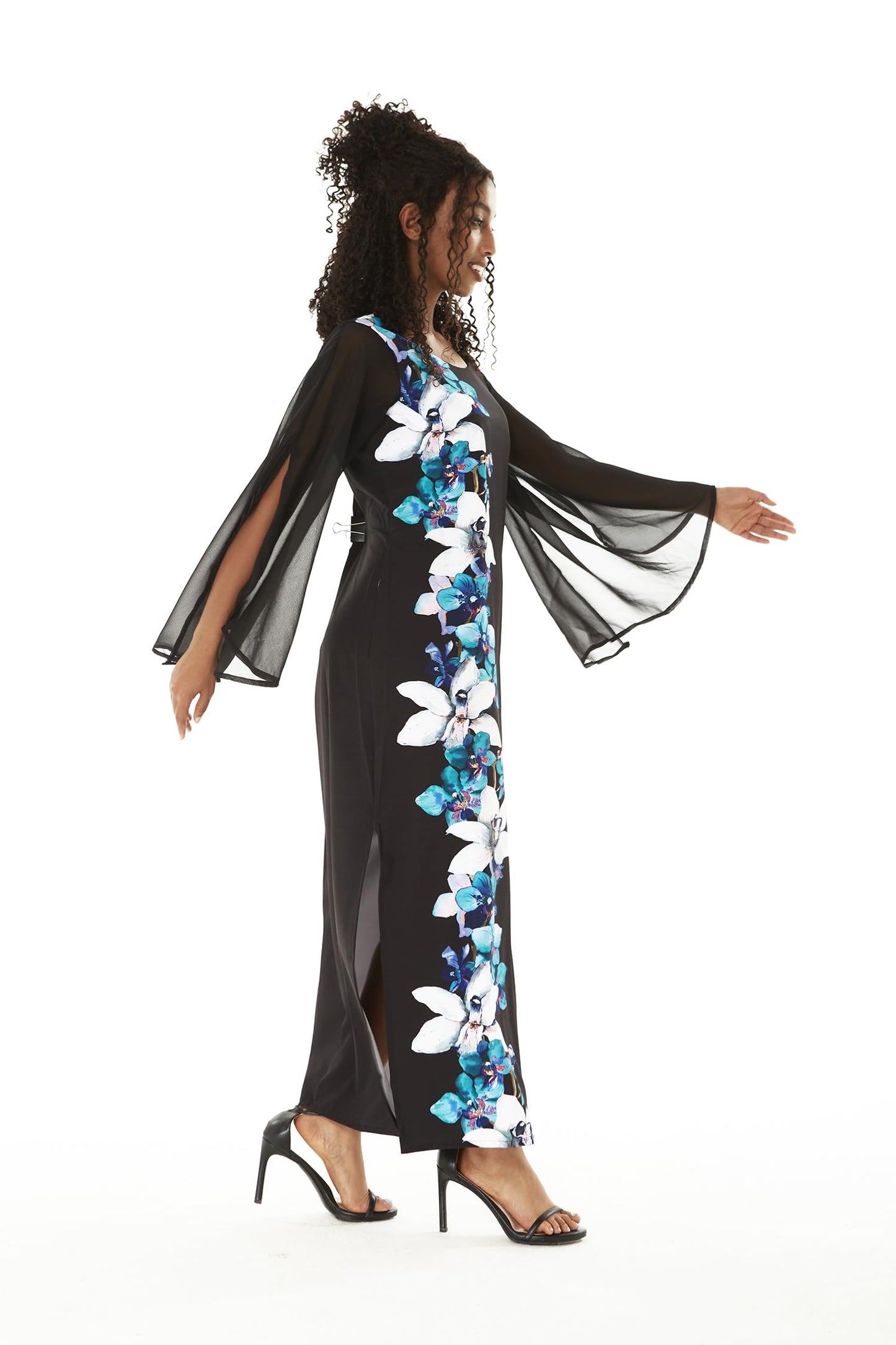 Matchable Family Hawaiian Luau Maxi Tank Dress, Watercolor Orchid Black Turquoise, Women, Large