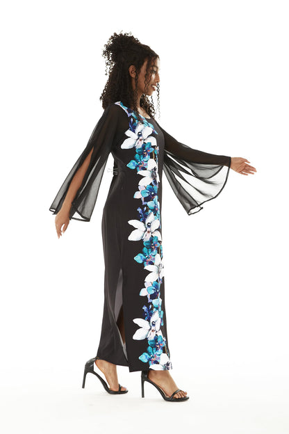 Matchable Family Hawaiian Luau Maxi Tank Dress, Watercolor Orchid Black Turquoise, Women, Large