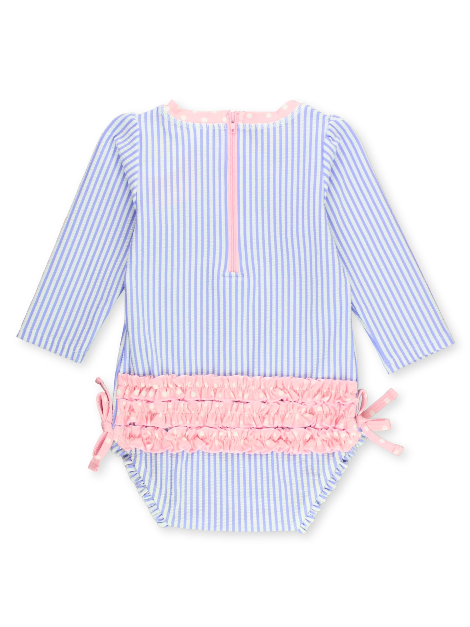 RuffleButts Baby-Girls Seersucker Long Sleeve Rash Guard - One Piece Swimsuit UPF 50+ Toddler