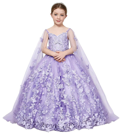 3D Butterfly Flower Girl Dresses with Detachable Cape Spaghetti Strap Girls Pageant Dress Beaded Kids Ball Gown for Girls CT38-10