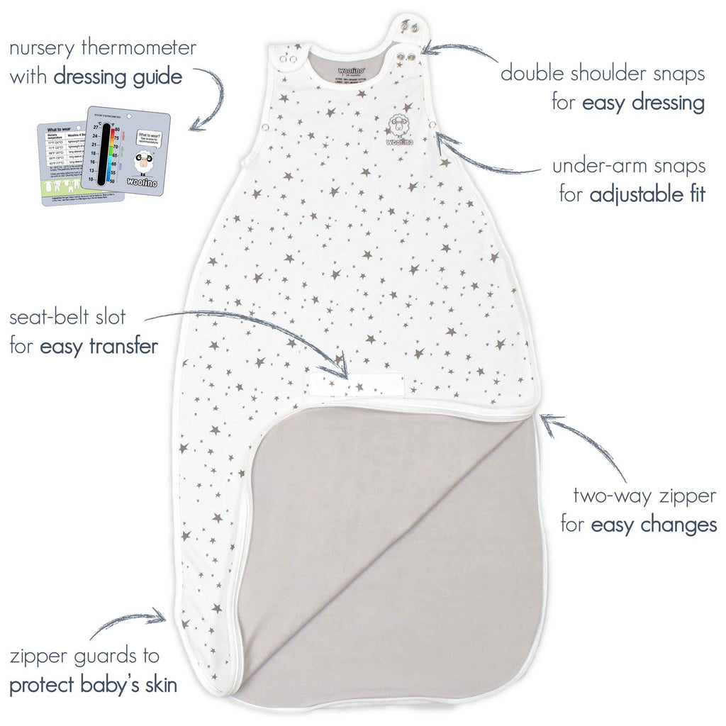 Woolino Ultimate Baby Sleep Sack – 4 Season Merino Wool Sleeping Bag, Organic Cotton Outer, Temp Regulating Blanket, Adjustable Sleep Sack Universal Size 2–24 Months - Birch Gray