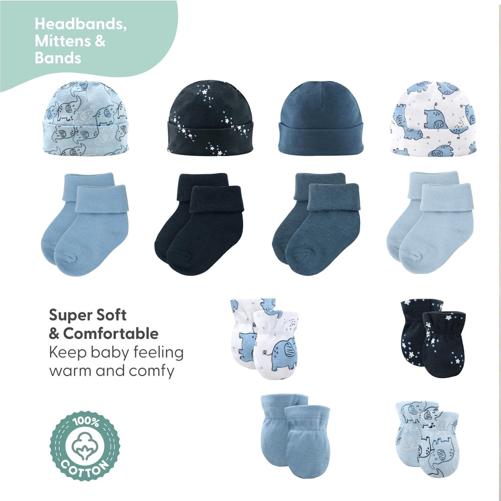 The Peanutshell Baby Layette Gift Set for Boys - 30 Piece New Born Boy Gift Set, Baby Clothes & Newborn Essentials Must Haves - Newborn Baby Clothes 0-3 Months - Elephant Blue