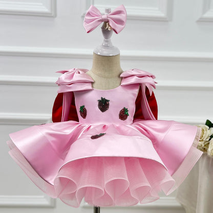 bluqulo Girls Pink Strawberry Princess Dress – Silky Satin, Layered Tulle, Birthday/Party/Pageant Dress with Pink Bow and Matching Headband
