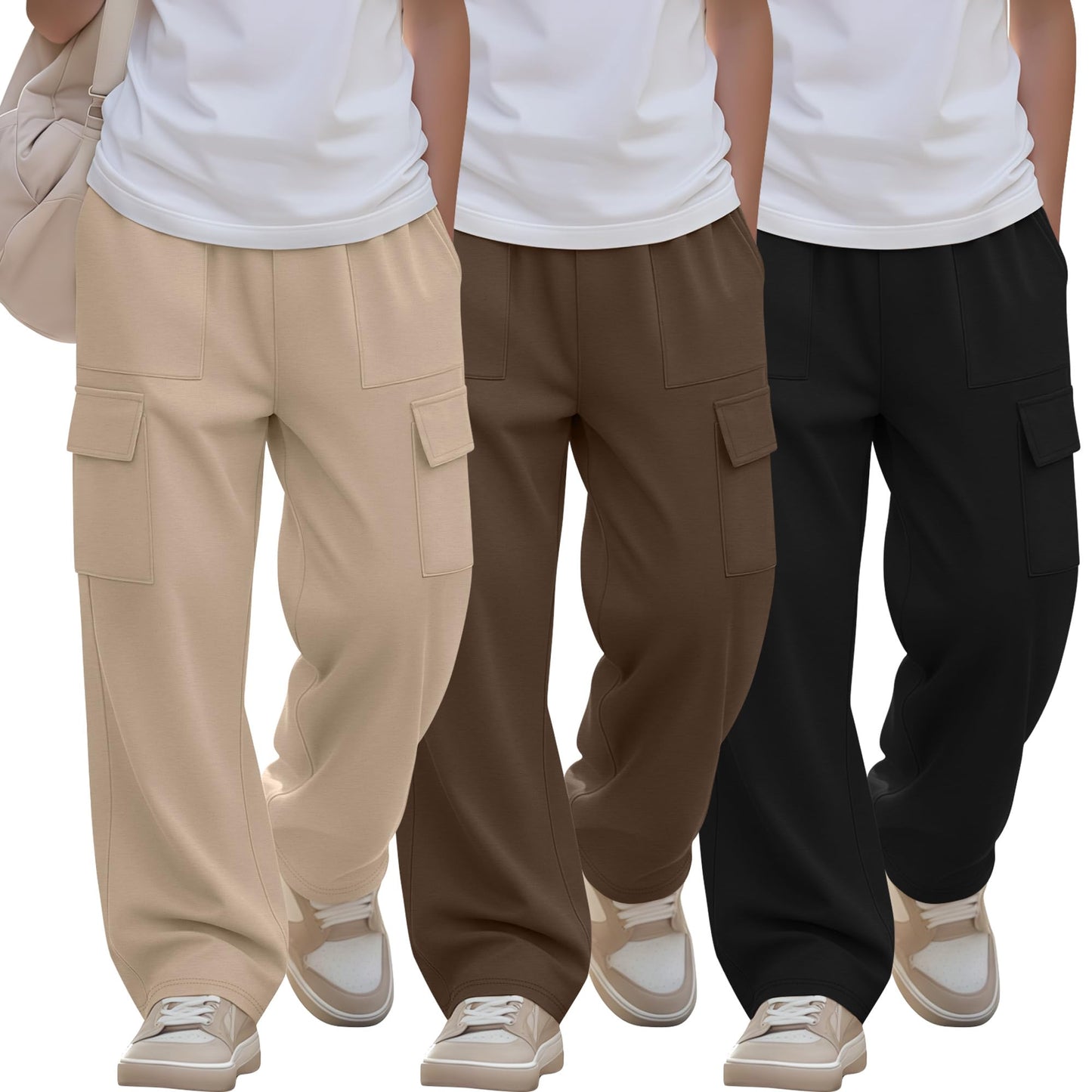 LessonZoo 3 Pack Boys Cargo Sweatpants Kids Pull-On Elastic Waist Open Bottom Teens Active Casual Baggy Pants with 4 Pockets(Apricot, Coffee, Black,12-13 Years)
