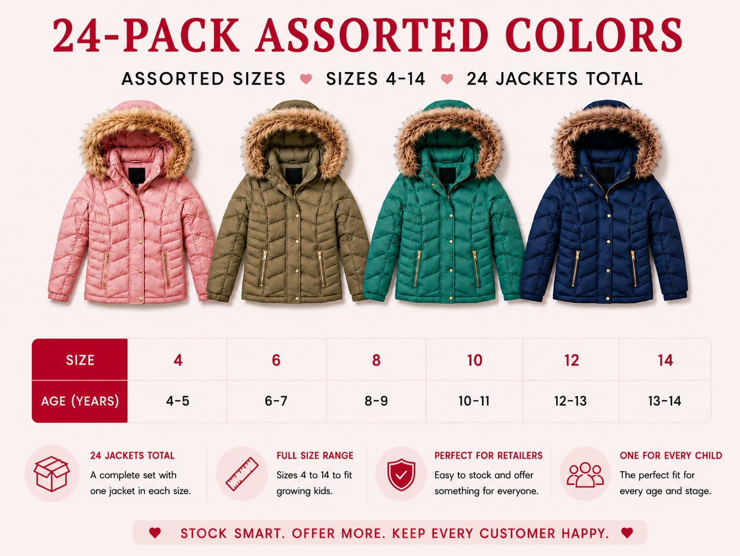 Girls Faux Fur Hooded Puffer Jackets 24-Pack