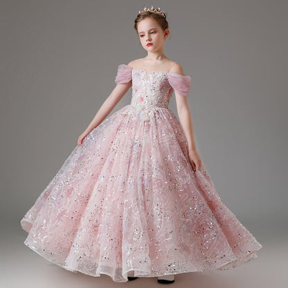 HAPRISE Advanced Flower Girls Pageant Evening Sequin Dress Kids Pink Birthday Party Princess Dresses for Toddler Wedding
