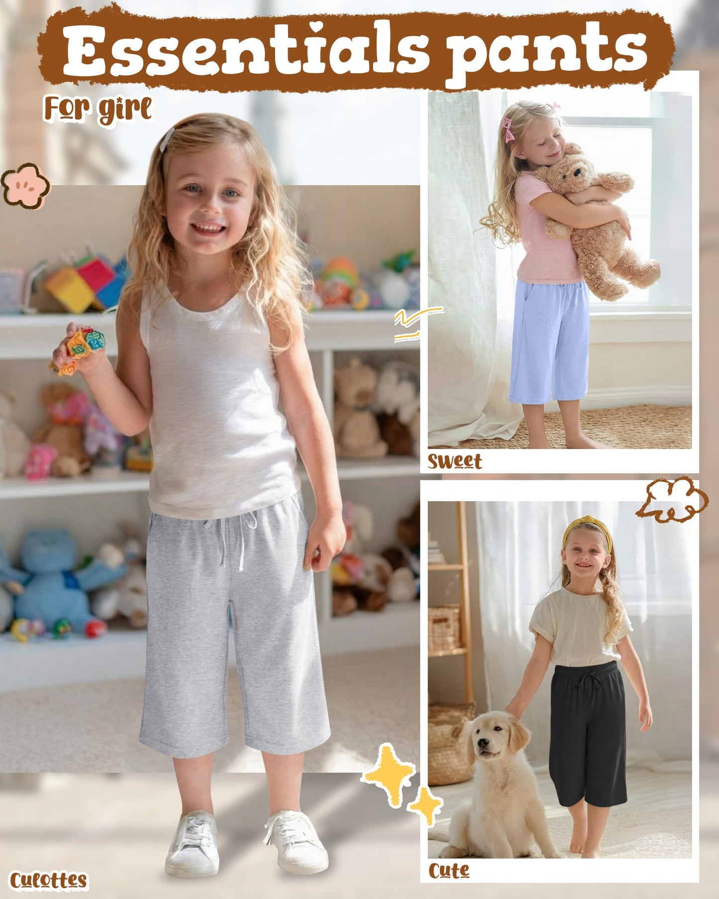 Langyiwee 3 Pack Girls Capris Summer Capri Pants 5-16 Years Wide Leg Elastic Waist Cropped Pants Loose Sweatpants with Pocket(13-14 Years,Sky Blue, Light Gray, Black)