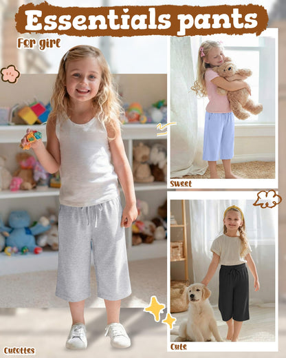Langyiwee 3 Pack Girls Capris Summer Capri Pants 5-16 Years Wide Leg Elastic Waist Cropped Pants Loose Sweatpants with Pocket(13-14 Years,Sky Blue, Light Gray, Black)