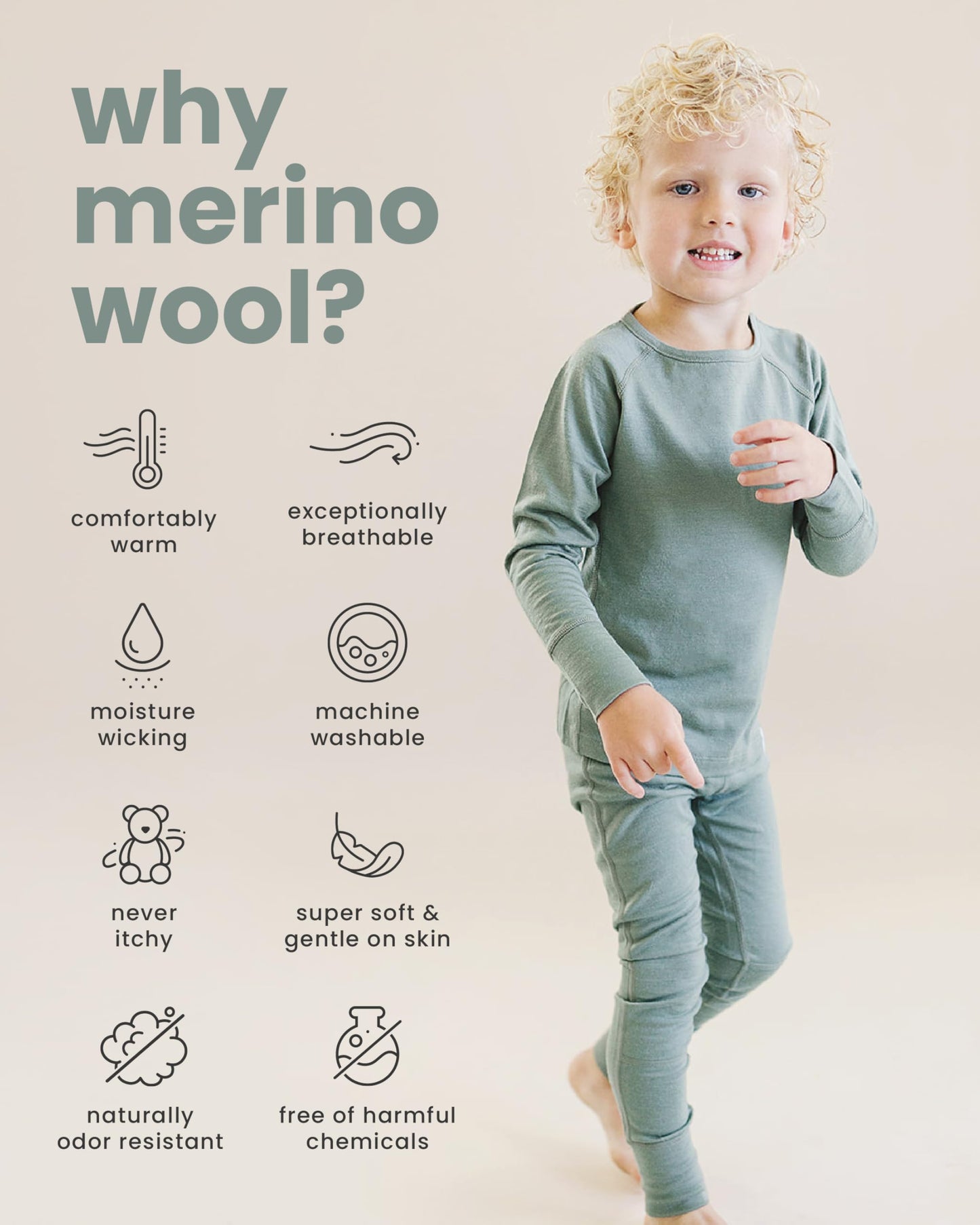 Woolino Merino Wool Base Layer for Kids - Super Soft Kids Long Sleeve Thermal Top - All Natural Base Layer Shirt - (2-3 Years) - Honey