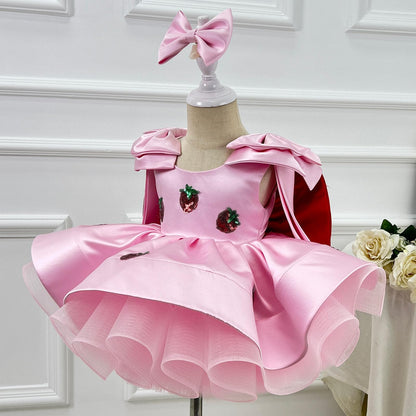 bluqulo Girls Pink Strawberry Princess Dress – Silky Satin, Layered Tulle, Birthday/Party/Pageant Dress with Pink Bow and Matching Headband