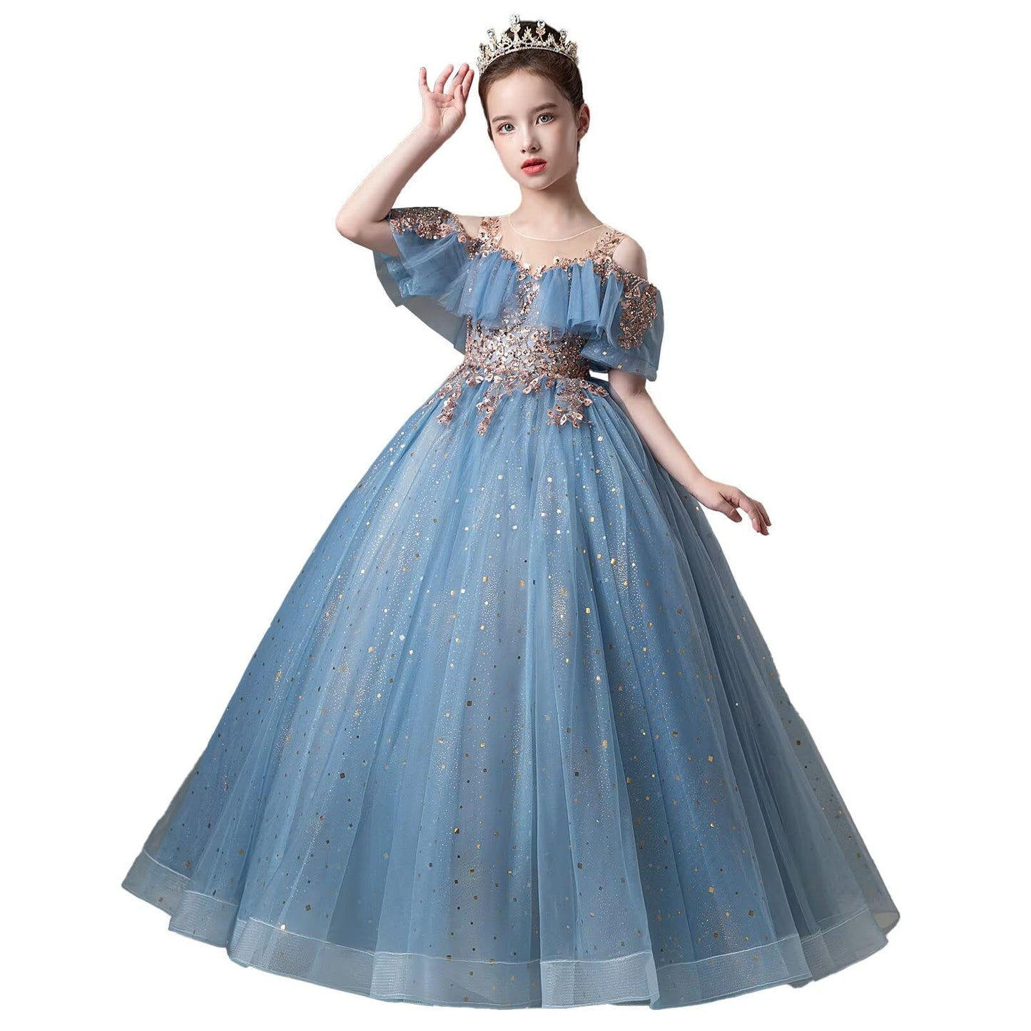 Flower Girls Dresses Blue Sparkly Sequin Birthday Dress Princess for Shoulder Elegant Little Girl Wedding Off Pageant Ball Gown 7-8 Years