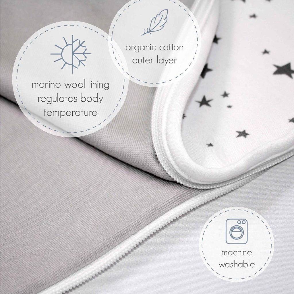 Woolino Ultimate Baby Sleep Sack – 4 Season Merino Wool Sleeping Bag, Organic Cotton Outer, Temp Regulating Blanket, Adjustable Sleep Sack Universal Size 2–24 Months - Birch Gray