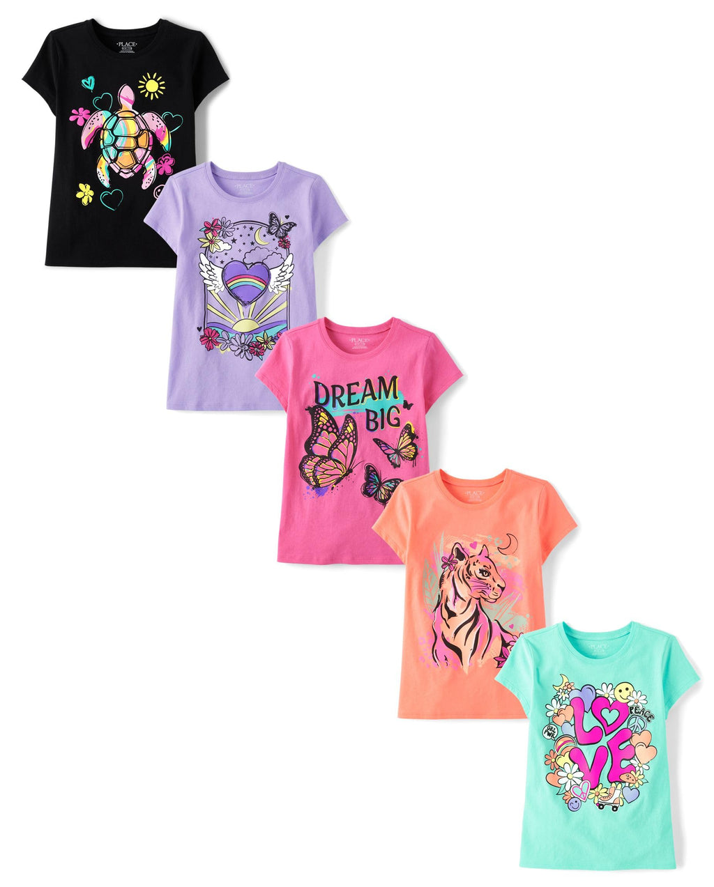 The Children's Place,Girls,Assorted Everyday Short Sleeve Graphic T-Shirts,Multipacks,Love Trends 5-Pack,Medium
