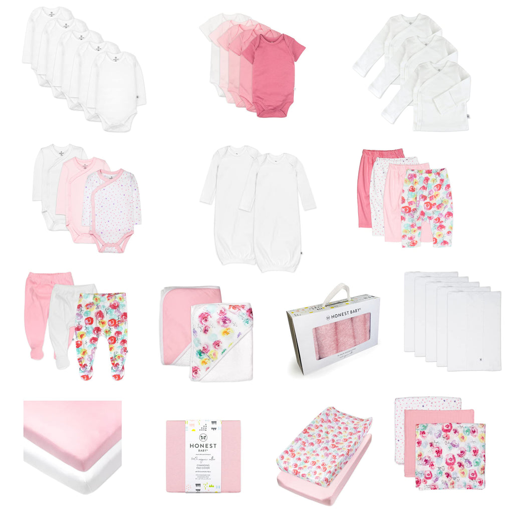 HonestBaby 50-piece Oh Baby Gift Set Newborn Essentials Gift Box 100% Organic Cotton for Infant Baby Boys, Girls, Unisex, Rose Blossom, Newborn