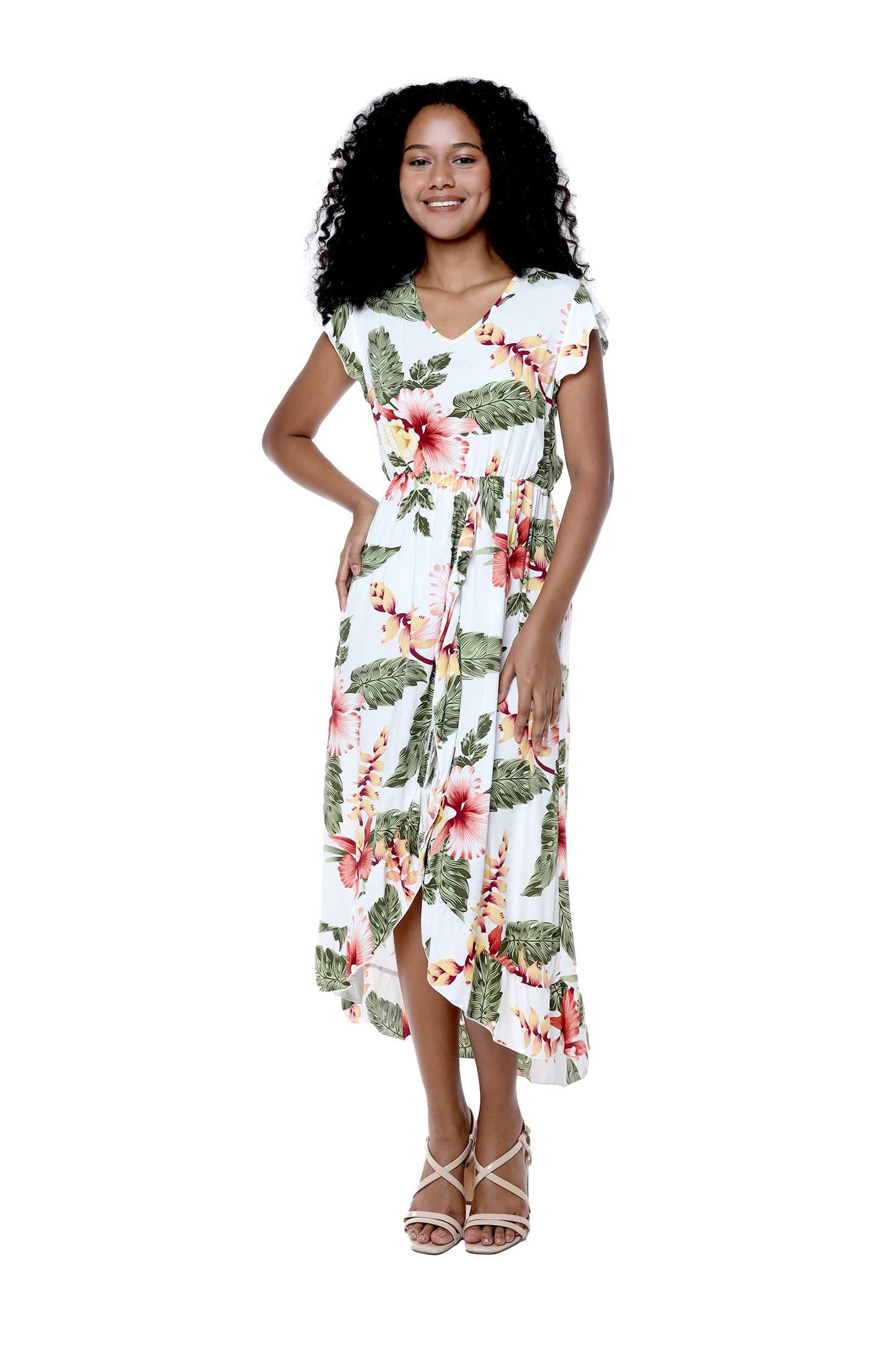 Matchable Family Hawaiian Luau Wrap Ruffle Dress, Cream Rafelsia, Women, Large