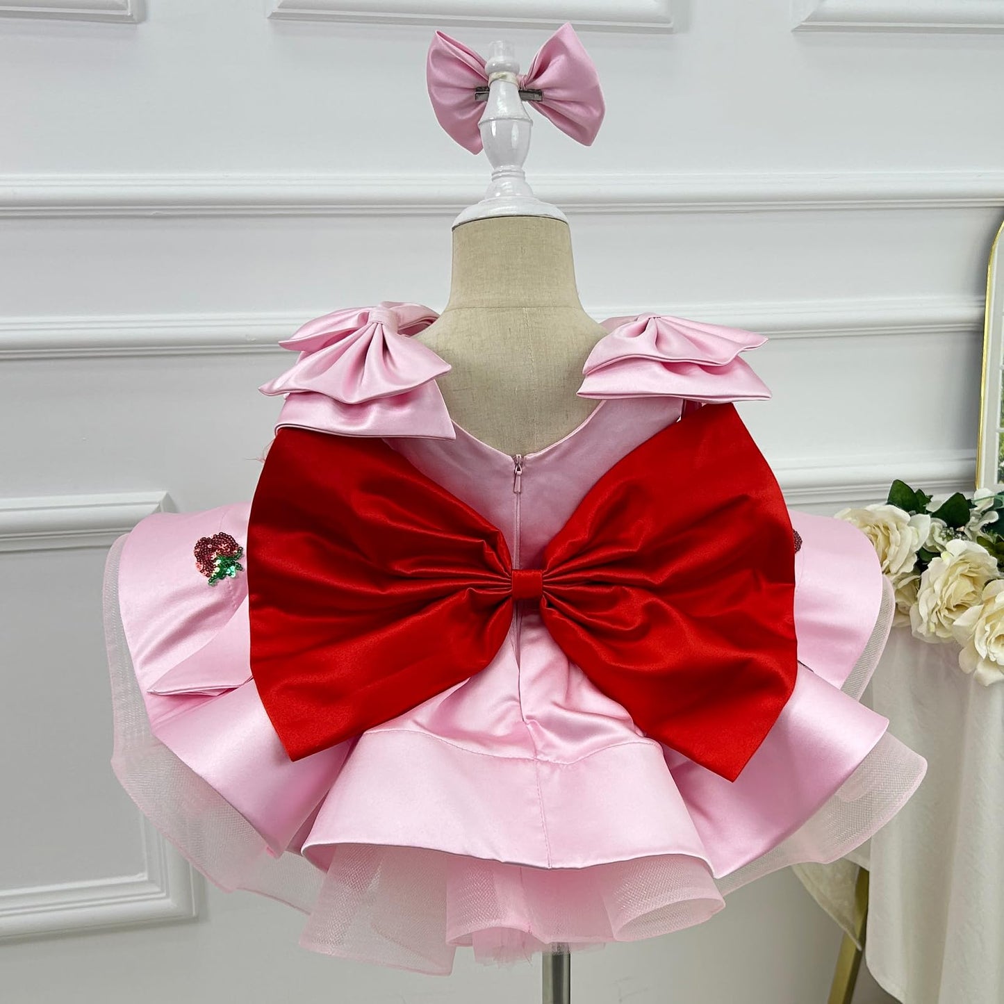 bluqulo Girls Pink Strawberry Princess Dress – Silky Satin, Layered Tulle, Birthday/Party/Pageant Dress with Pink Bow and Matching Headband