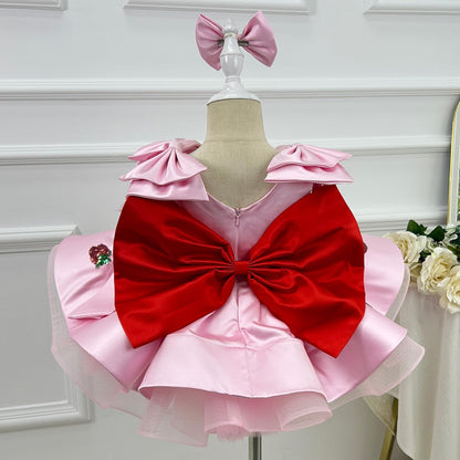 bluqulo Girls Pink Strawberry Princess Dress – Silky Satin, Layered Tulle, Birthday/Party/Pageant Dress with Pink Bow and Matching Headband