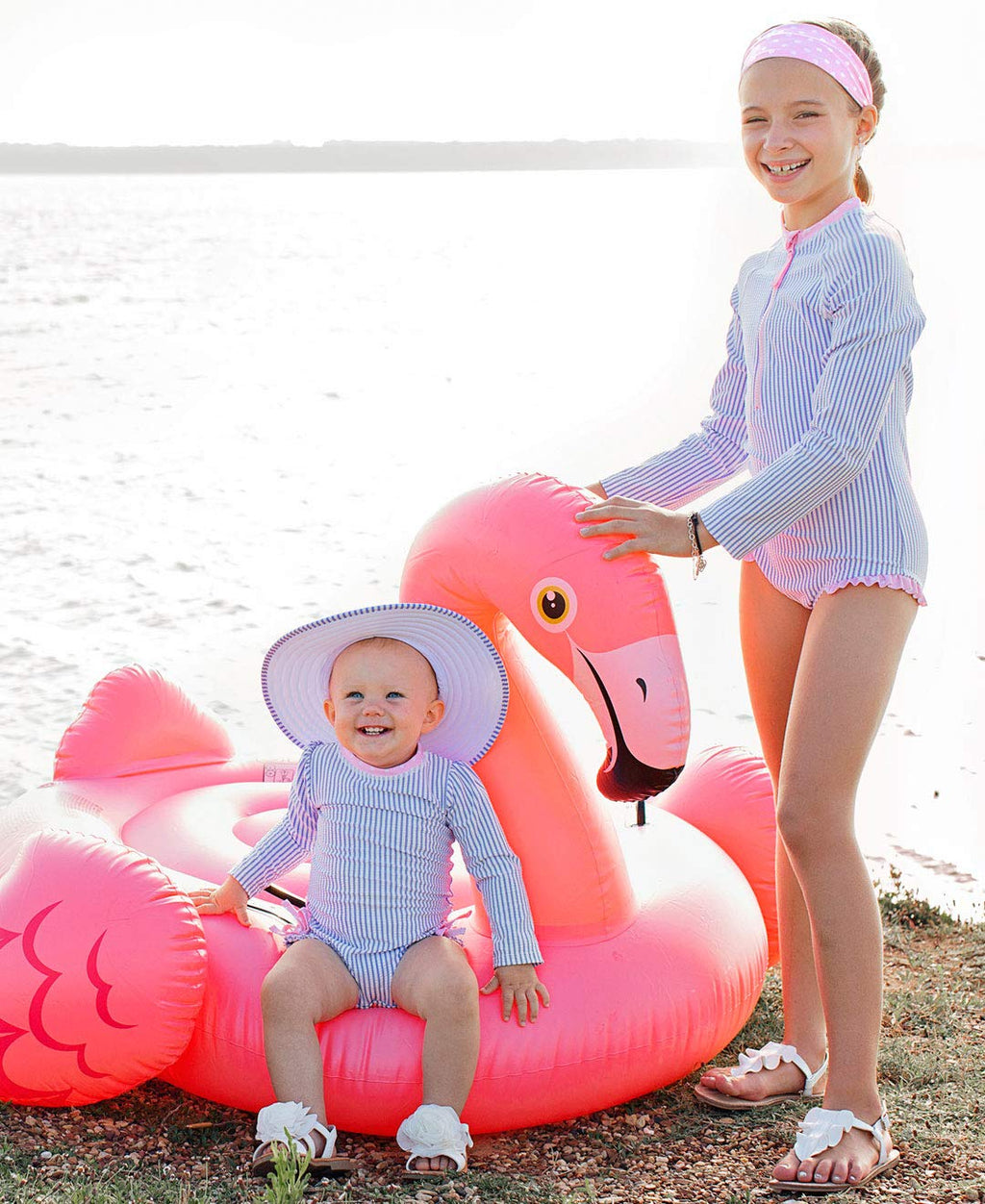 RuffleButts Baby-Girls Seersucker Long Sleeve Rash Guard - One Piece Swimsuit UPF 50+ Toddler