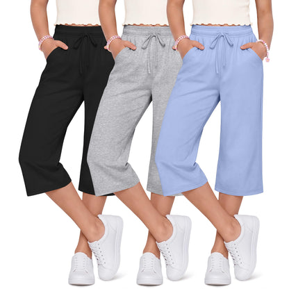 Langyiwee 3 Pack Girls Capris Summer Capri Pants 5-16 Years Wide Leg Elastic Waist Cropped Pants Loose Sweatpants with Pocket(13-14 Years,Sky Blue, Light Gray, Black)