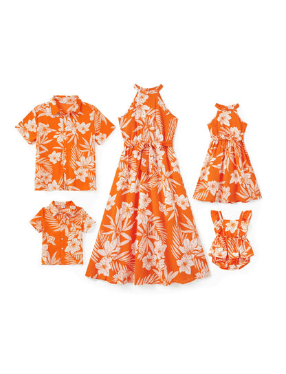 PATPAT Family Luau Matching Outfits Mommy and Me Beach Dresses Tropical Palm Leaf Print Halter Neck Sundresses Matching Hawaiian Outfits for Couples Orange Floral Vacation Hawaiian Dresses for Women S