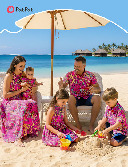 PATPAT Mommy and Me Outfits: Family Hawaiian Matching Outfits - Matching Family Tropical Floral Print Outfits Boho Midi Sundress for Women Summer Beach Cruise Vacation Picnic Hot Pink Women XL