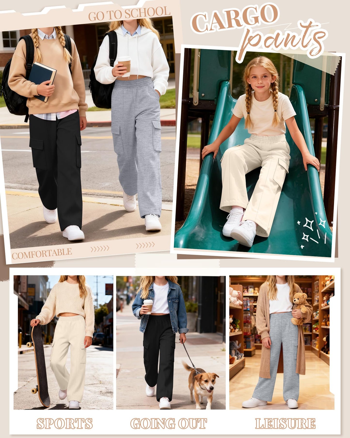 LessonZoo 3 Pack Girls Wide Leg Sweatpants Cargo Pants High Waisted Baggy Causal Loose Kids Elastic Waistband Pants Joggers(White, Light Gray, Black,9-10 Years)