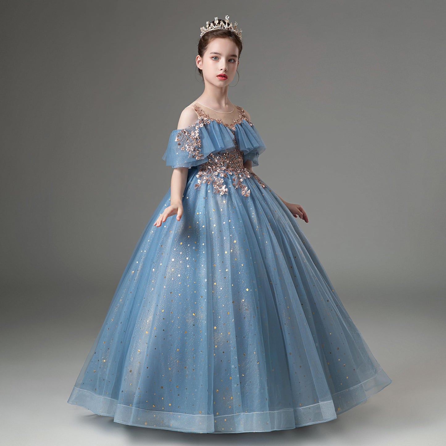 Flower Girls Dresses Blue Sparkly Sequin Birthday Dress Princess for Shoulder Elegant Little Girl Wedding Off Pageant Ball Gown 7-8 Years