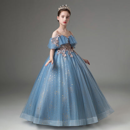 Flower Girls Dresses Blue Sparkly Sequin Birthday Dress Princess for Shoulder Elegant Little Girl Wedding Off Pageant Ball Gown 7-8 Years