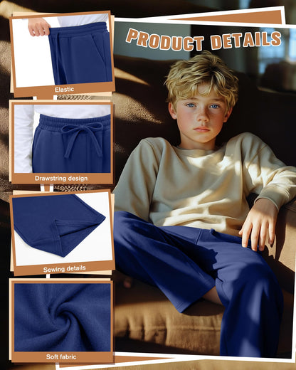 Oakgarden 5 Pack Boys' Sweatpants Kids Athletic Straight Wide Leg Pants Baggy Drawstring Joggers with Pockets 6-16 Years(Blue, White, Light Gray, Dark Gray, Black,Small)
