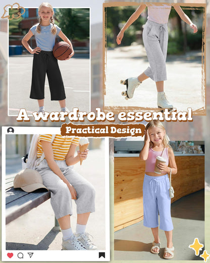 Langyiwee 3 Pack Girls Capris Summer Capri Pants 5-16 Years Wide Leg Elastic Waist Cropped Pants Loose Sweatpants with Pocket(13-14 Years,Sky Blue, Light Gray, Black)