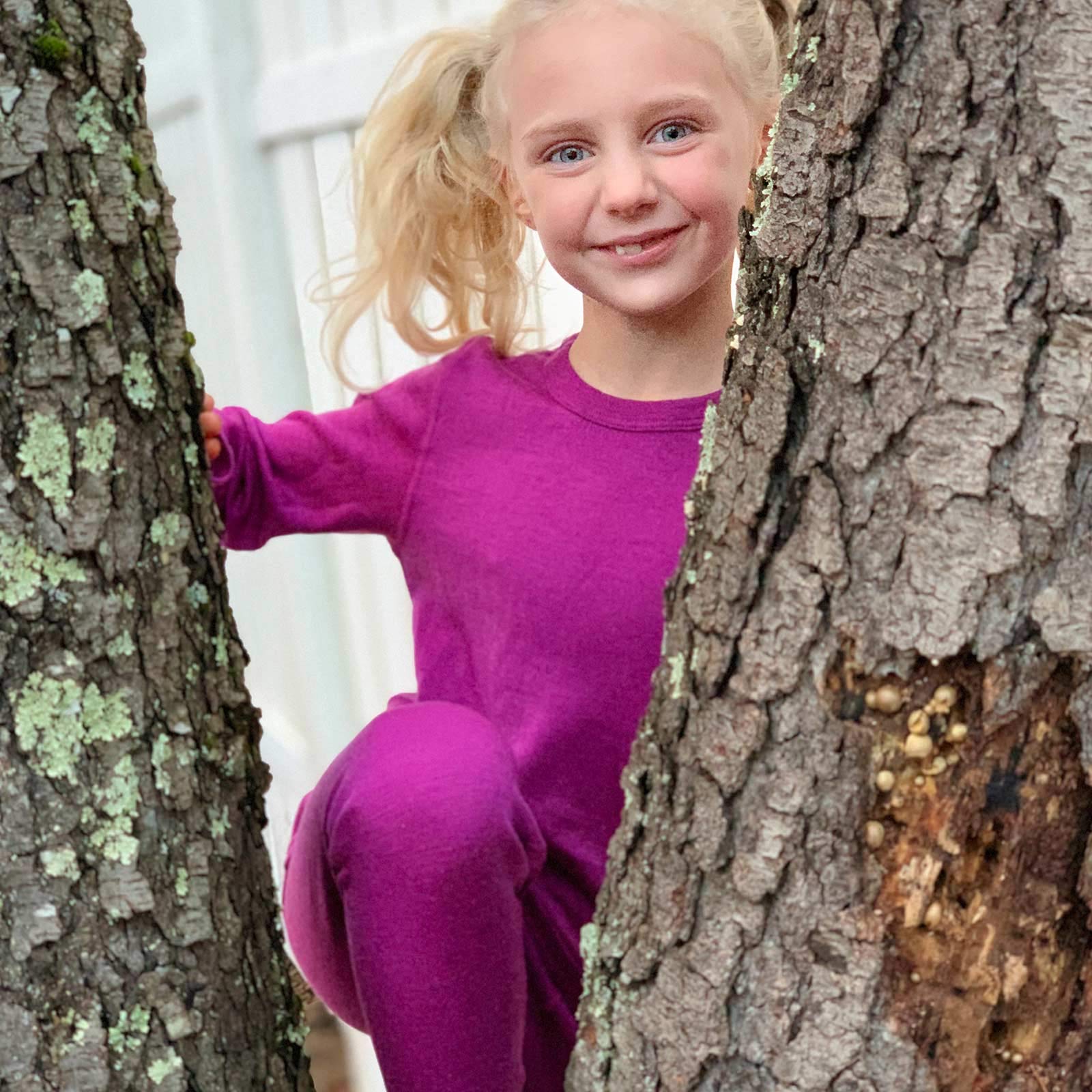 100% Merino Wool Kids Base Layer Midweight Crew Top - Warm Long Sleeve Shirt - Radiant Violet - Small