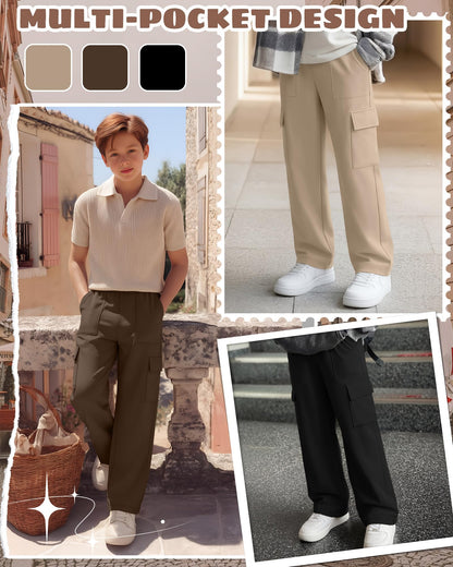 LessonZoo 3 Pack Boys Cargo Sweatpants Kids Pull-On Elastic Waist Open Bottom Teens Active Casual Baggy Pants with 4 Pockets(Apricot, Coffee, Black,12-13 Years)