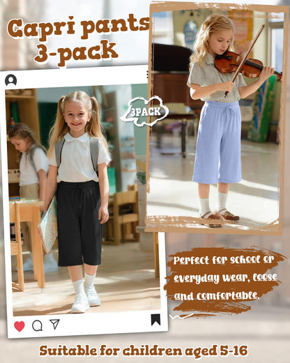 Langyiwee 3 Pack Girls Capris Summer Capri Pants 5-16 Years Wide Leg Elastic Waist Cropped Pants Loose Sweatpants with Pocket(13-14 Years,Sky Blue, Light Gray, Black)