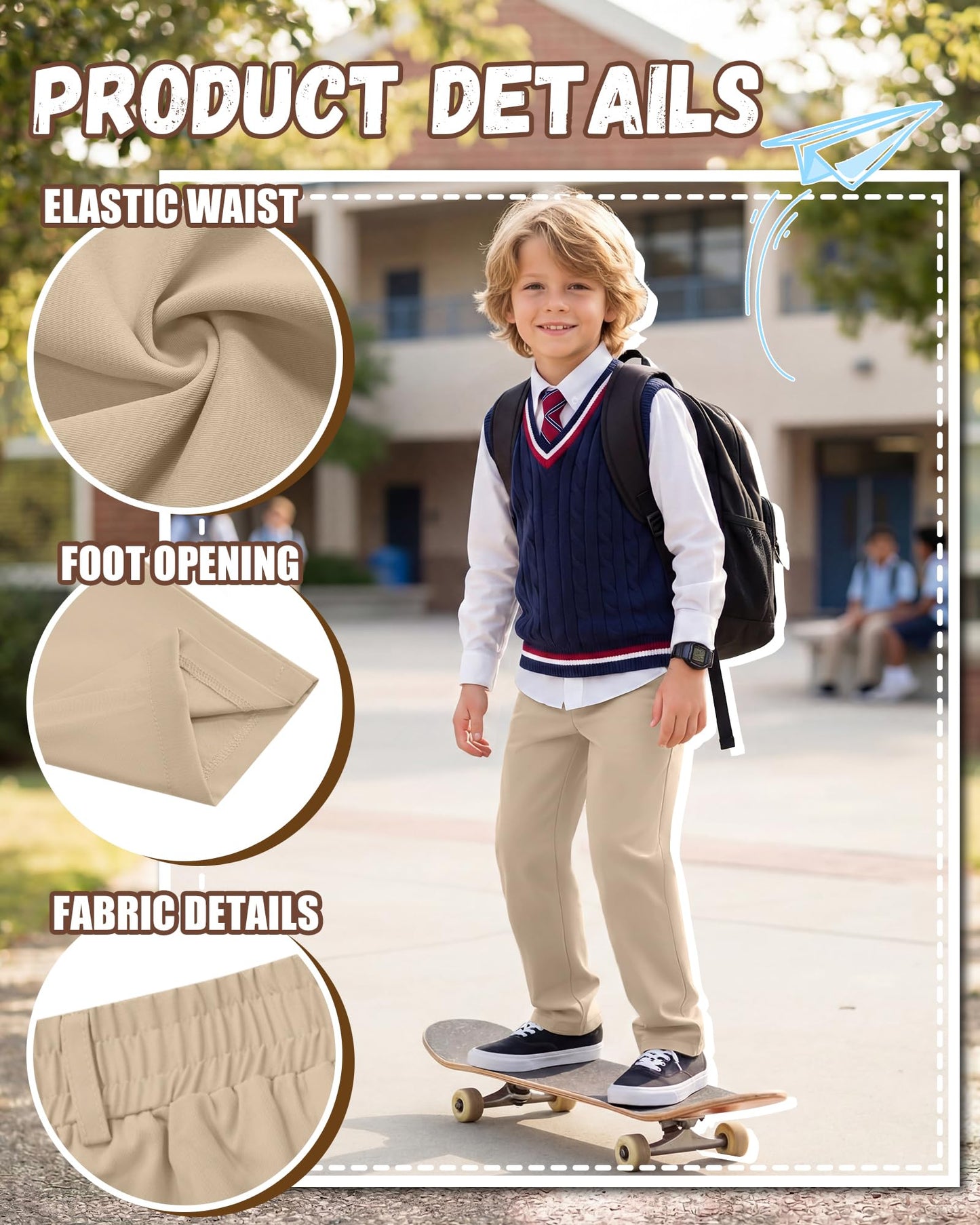 Vinsatin 5 Pack Boys' School Uniform Pants Elastic Waist Pull-On Relaxed Fit Pants Kid Teen Stretch Sweatpants with Pockets(9-10 Years,Khaki, Navy Blue)