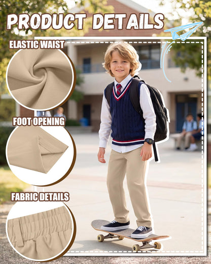 Vinsatin 5 Pack Boys' School Uniform Pants Elastic Waist Pull-On Relaxed Fit Pants Kid Teen Stretch Sweatpants with Pockets(9-10 Years,Khaki, Navy Blue)