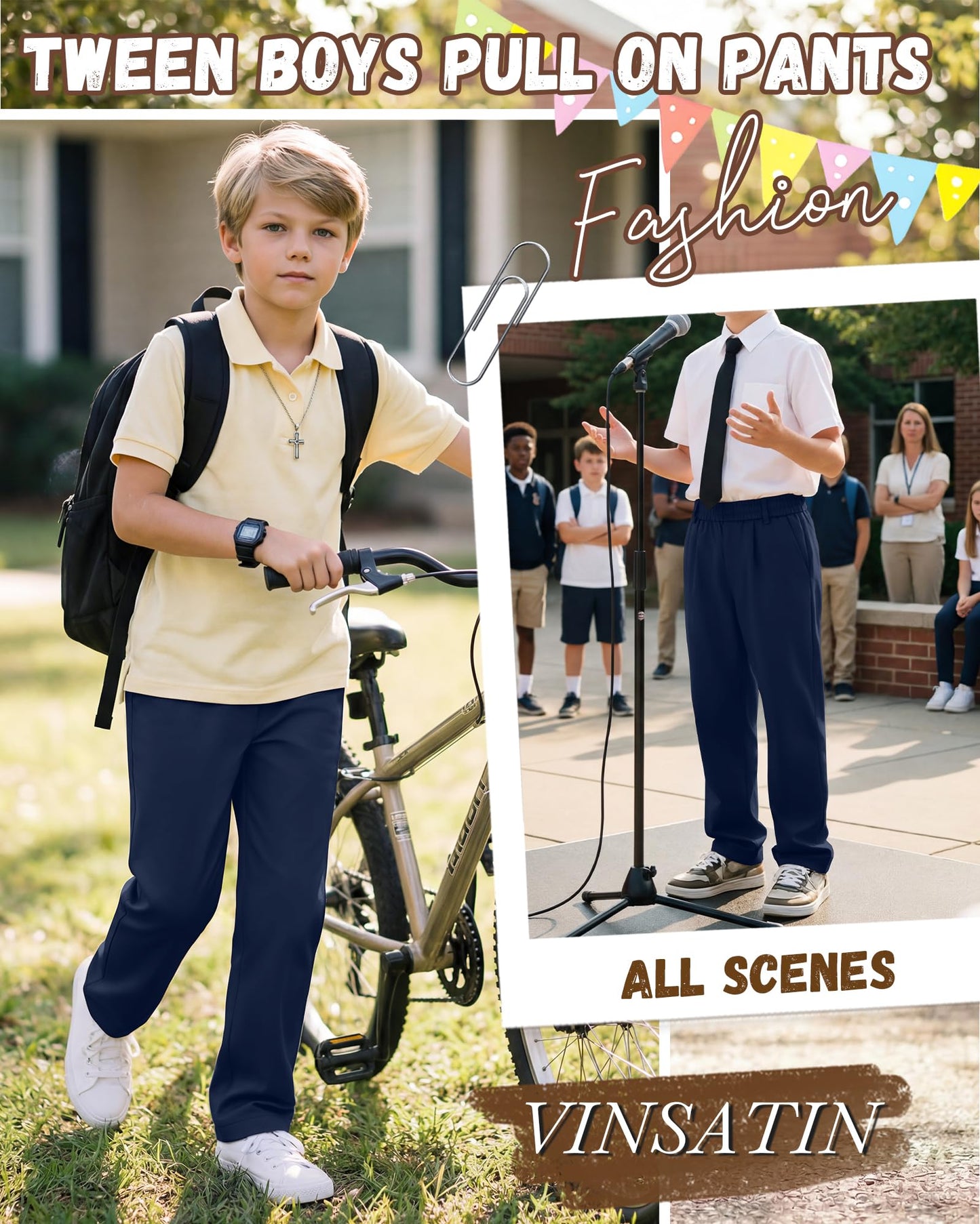 Vinsatin 5 Pack Boys' School Uniform Pants Elastic Waist Pull-On Relaxed Fit Pants Kid Teen Stretch Sweatpants with Pockets(9-10 Years,Khaki, Navy Blue)