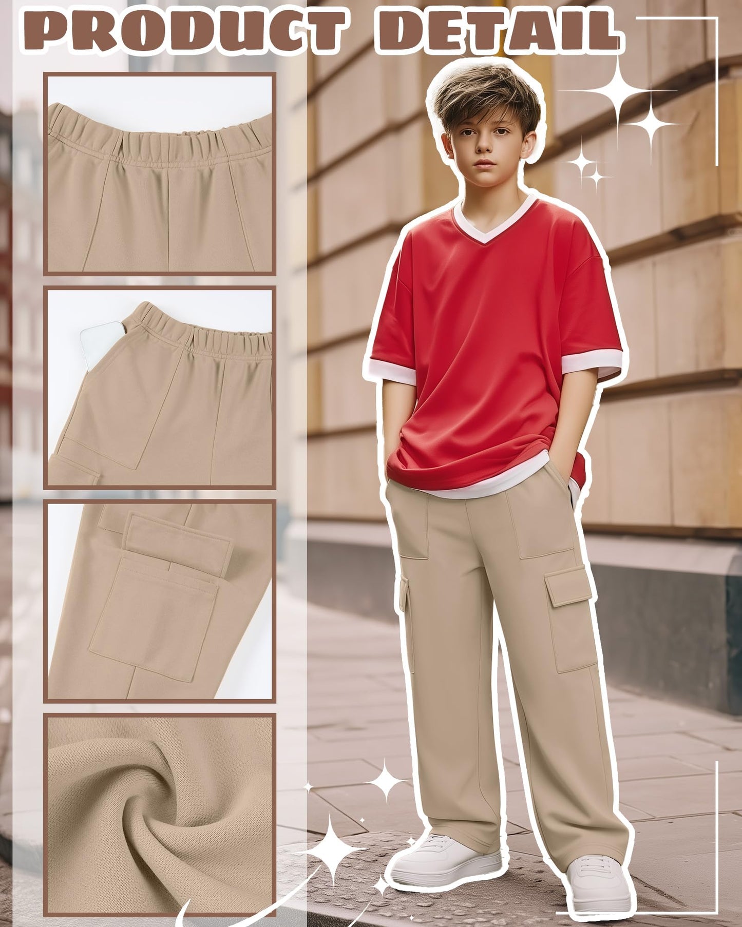 LessonZoo 3 Pack Boys Cargo Sweatpants Kids Pull-On Elastic Waist Open Bottom Teens Active Casual Baggy Pants with 4 Pockets(Apricot, Coffee, Black,12-13 Years)