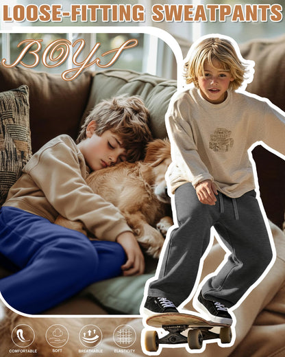Oakgarden 5 Pack Boys' Sweatpants Kids Athletic Straight Wide Leg Pants Baggy Drawstring Joggers with Pockets 6-16 Years(Blue, White, Light Gray, Dark Gray, Black,Small)
