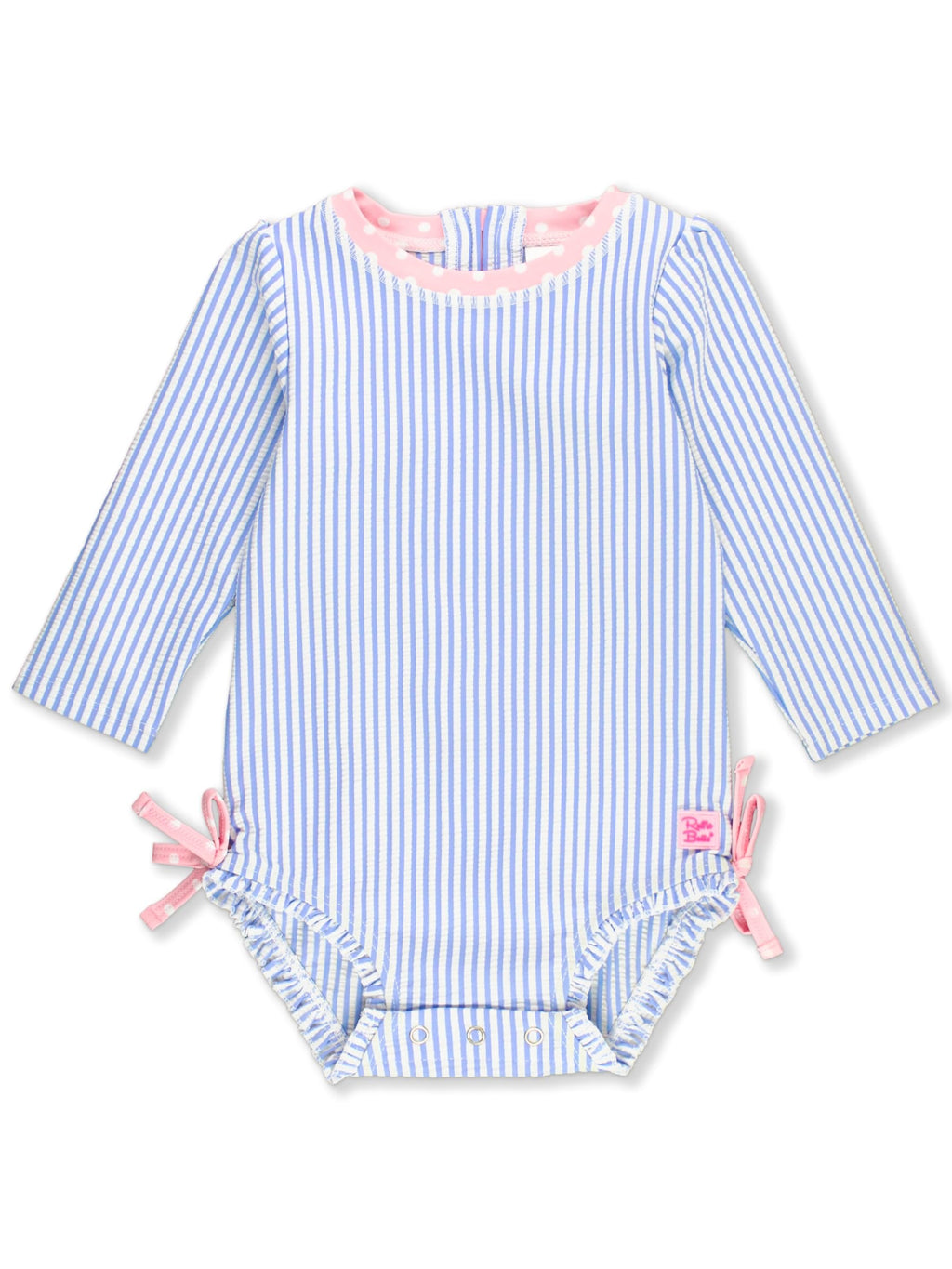RuffleButts Baby-Girls Seersucker Long Sleeve Rash Guard - One Piece Swimsuit UPF 50+ Toddler