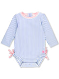 RuffleButts Baby-Girls Seersucker Long Sleeve Rash Guard - One Piece Swimsuit UPF 50+ Toddler