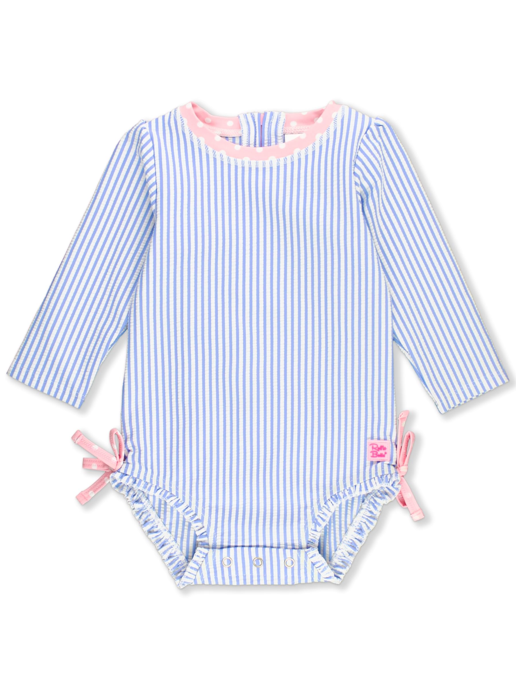 RuffleButts Baby-Girls Seersucker Long Sleeve Rash Guard - One Piece Swimsuit UPF 50+ Toddler