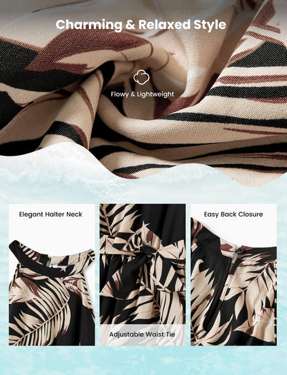 PATPAT Family Matching Hawaiian Outfits Mommy and Me Dresses Matching Set Tropical Palm Leaf Print Halter Neck Sundresses Mommy and Me Dresses Beach Black Leaf for Women S