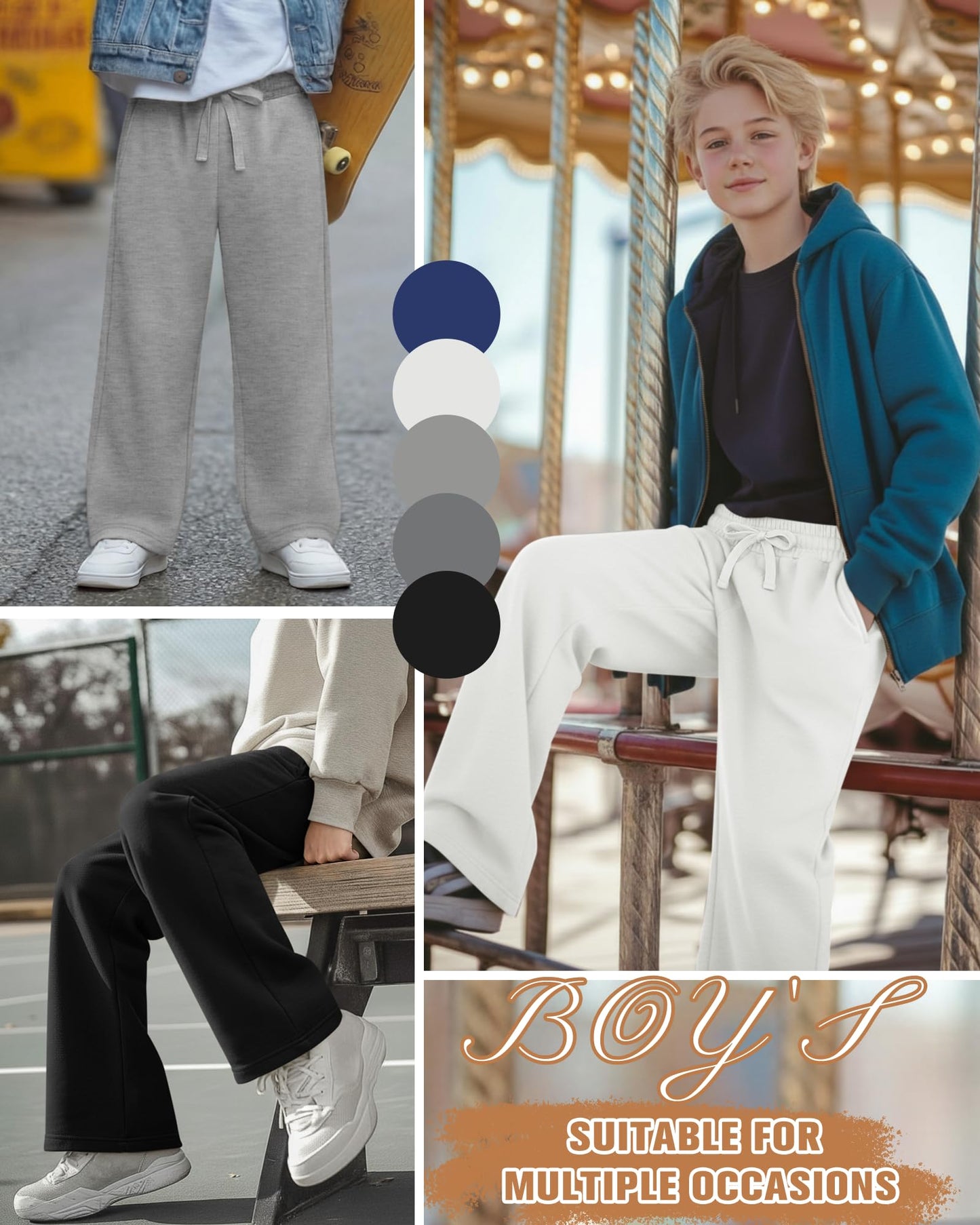 Oakgarden 5 Pack Boys' Sweatpants Kids Athletic Straight Wide Leg Pants Baggy Drawstring Joggers with Pockets 6-16 Years(Blue, White, Light Gray, Dark Gray, Black,Small)