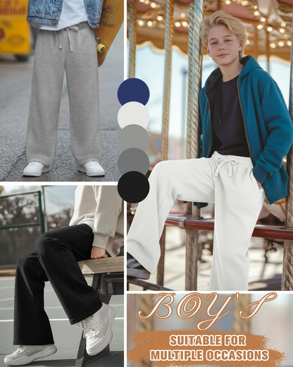 Oakgarden 5 Pack Boys' Sweatpants Kids Athletic Straight Wide Leg Pants Baggy Drawstring Joggers with Pockets 6-16 Years(Blue, White, Light Gray, Dark Gray, Black,Small)