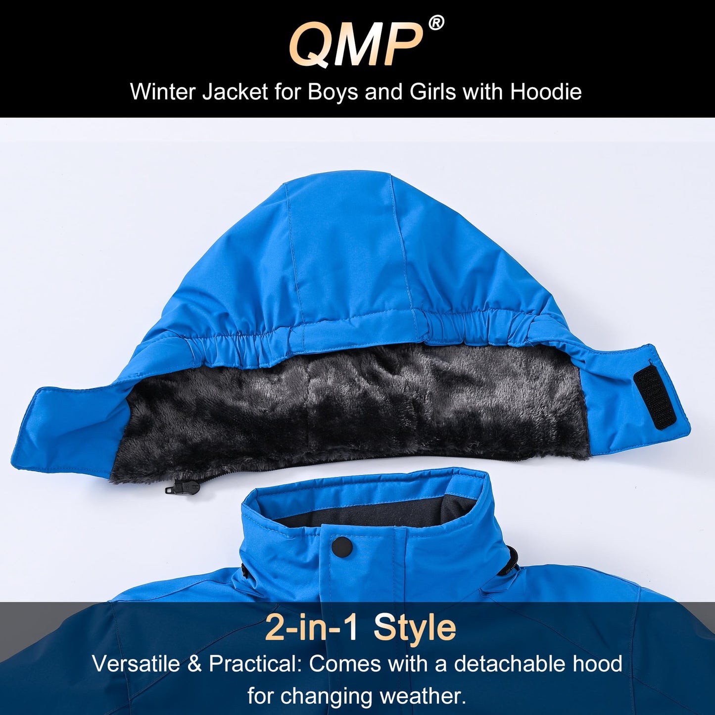 QMP Boys Winter Coat Jackets Snow Suit for Kids Rain Fleece Warm Waterproof Insulated Softshell Ski Snowboard Jackets for Girls Windproof with Zip Pockets Hoode Royal Blue 6-7