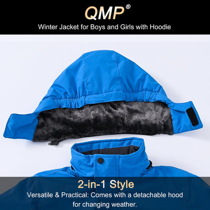 QMP Boys Winter Coat Jackets Snow Suit for Kids Rain Fleece Warm Waterproof Insulated Softshell Ski Snowboard Jackets for Girls Windproof with Zip Pockets Hoode Royal Blue 6-7