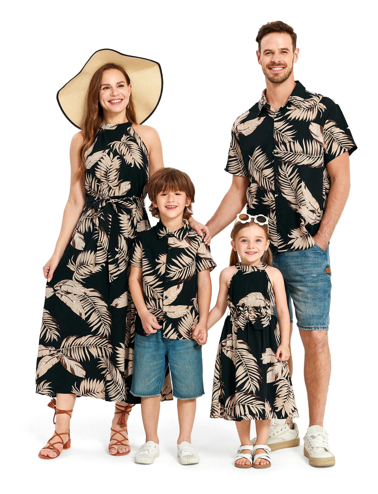 PATPAT Family Matching Hawaiian Outfits Mommy and Me Dresses Matching Set Tropical Palm Leaf Print Halter Neck Sundresses Mommy and Me Dresses Beach Black Leaf for Women S