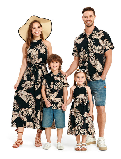 PATPAT Family Matching Hawaiian Outfits Mommy and Me Dresses Matching Set Tropical Palm Leaf Print Halter Neck Sundresses Mommy and Me Dresses Beach Black Leaf for Women S
