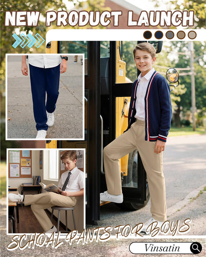 Vinsatin 5 Pack Boys' School Uniform Pants Elastic Waist Pull-On Relaxed Fit Pants Kid Teen Stretch Sweatpants with Pockets(9-10 Years,Khaki, Navy Blue)
