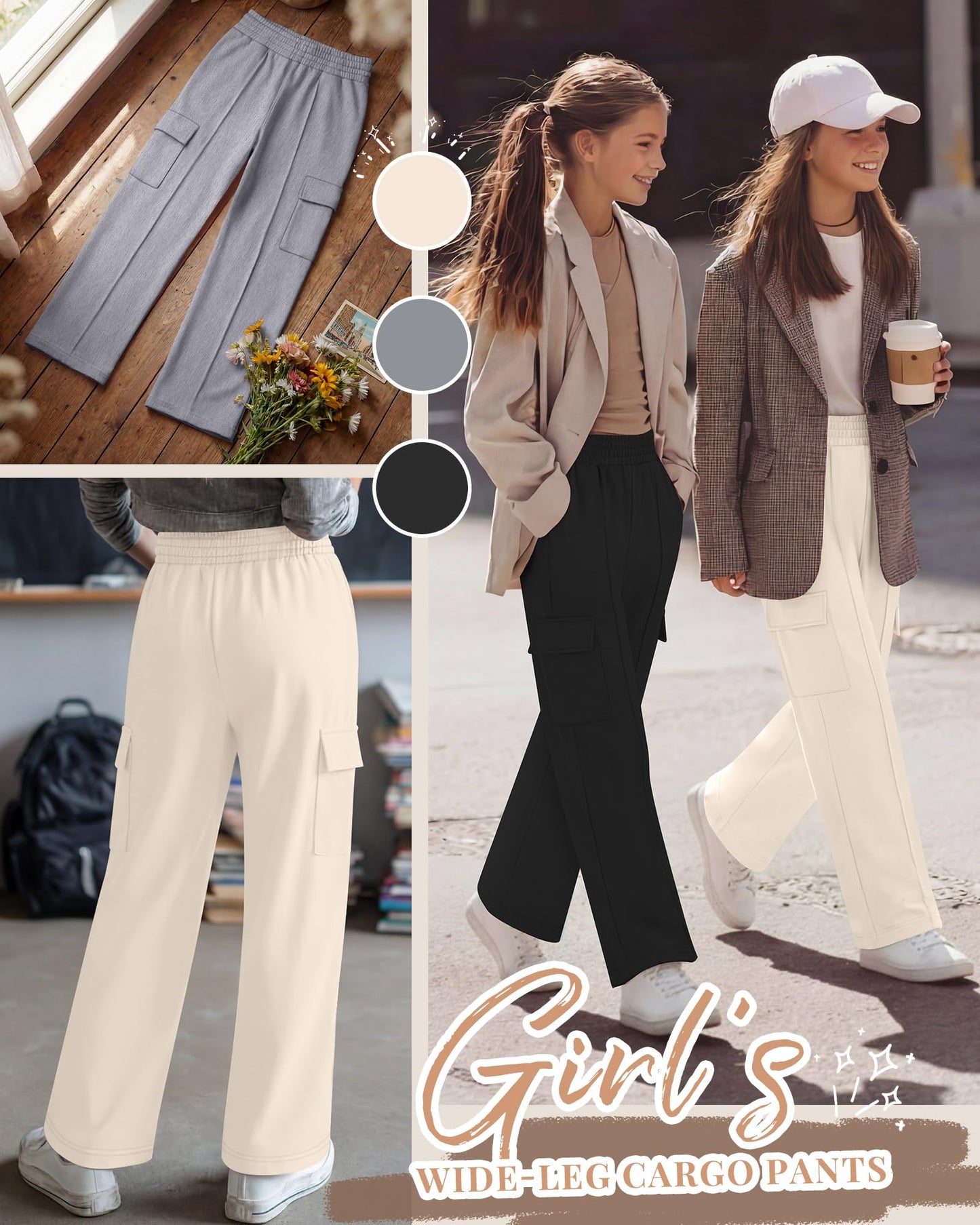 LessonZoo 3 Pack Girls Wide Leg Sweatpants Cargo Pants High Waisted Baggy Causal Loose Kids Elastic Waistband Pants Joggers(White, Light Gray, Black,9-10 Years)